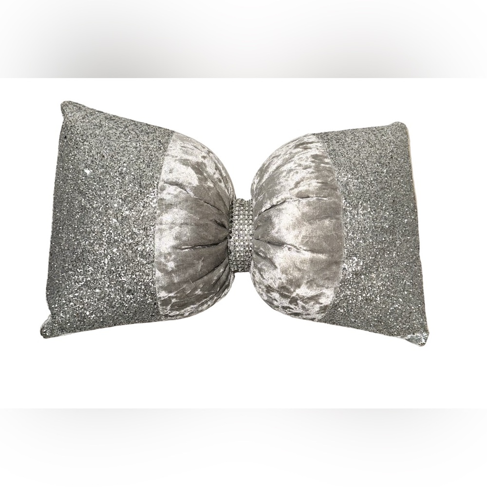 Custom-Made Silver Bow Pillow from England – Crushed Velvet & Rhinestone Center - Picture 2 of 3